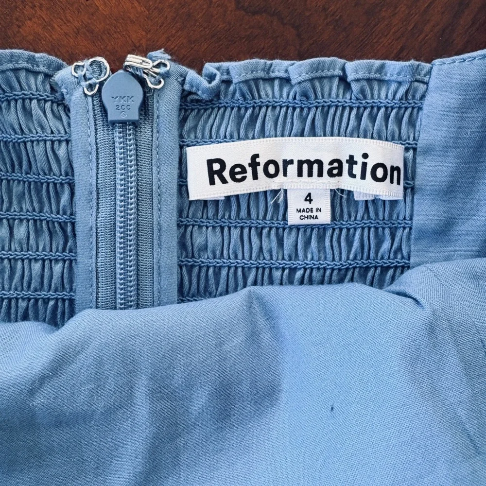 Reformation Jaxley Top Blue Peplum Babydoll Puff Sleeve Smocked Shirt Size 4